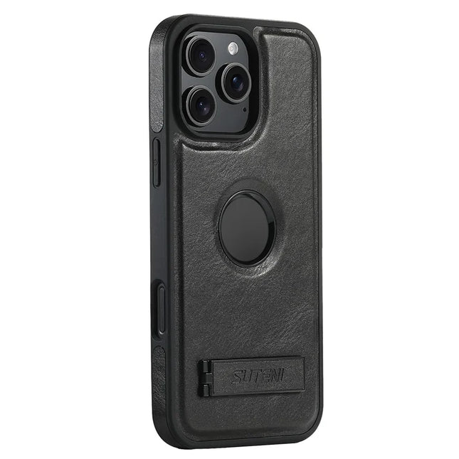 SUTENI G2 For iPhone 16 Pro Max Magnetic Case Leather Phone Back Cover Waxy Texture Kickstand - Black
