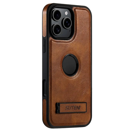 SUTENI G2 For iPhone 16 Pro Max Magnetic Case Leather Phone Back Cover Waxy Texture Kickstand - Brown