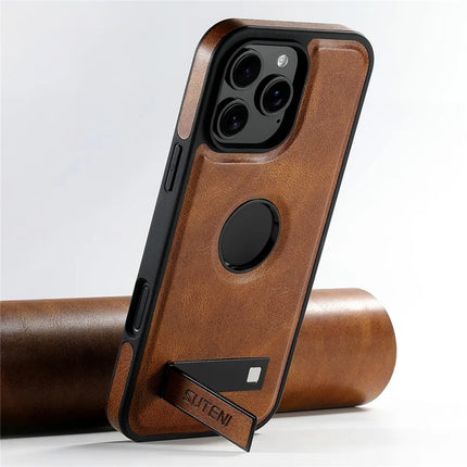 SUTENI G2 For iPhone 16 Pro Max Magnetic Case Leather Phone Back Cover Waxy Texture Kickstand