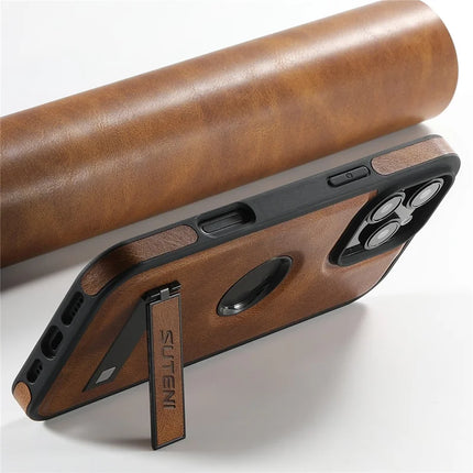 SUTENI G2 For iPhone 16 Pro Max Magnetic Case Leather Phone Back Cover Waxy Texture Kickstand