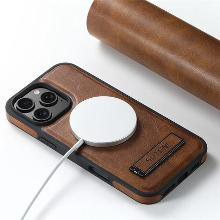 SUTENI G2 For iPhone 16 Pro Max Magnetic Case Leather Phone Back Cover Waxy Texture Kickstand