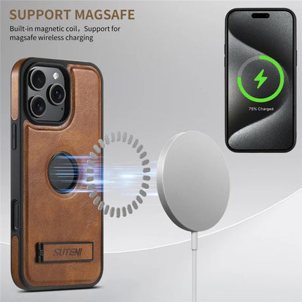 SUTENI G2 For iPhone 16 Pro Max Magnetic Case Leather Phone Back Cover Waxy Texture Kickstand