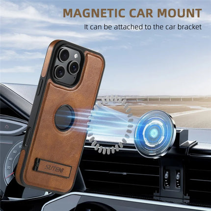 SUTENI G2 For iPhone 16 Pro Max Magnetic Case Leather Phone Back Cover Waxy Texture Kickstand