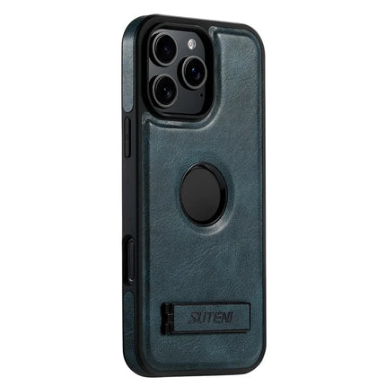 SUTENI G2 For iPhone 16 Pro Max Magnetic Case Leather Phone Back Cover Waxy Texture Kickstand - Blue