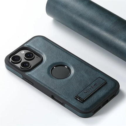 SUTENI G2 For iPhone 16 Pro Max Magnetic Case Leather Phone Back Cover Waxy Texture Kickstand