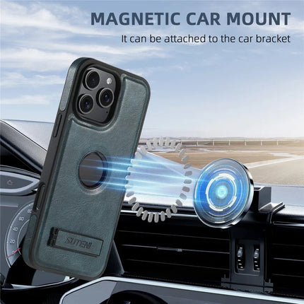 SUTENI G2 For iPhone 16 Pro Max Magnetic Case Leather Phone Back Cover Waxy Texture Kickstand