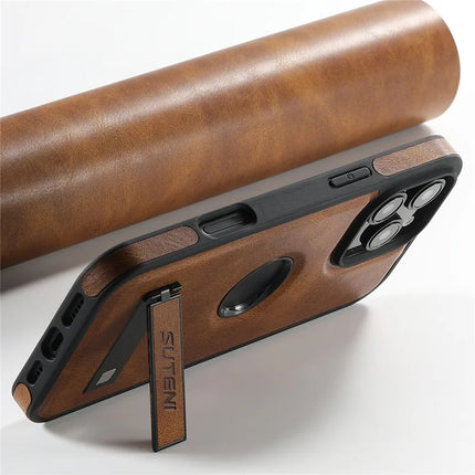 SUTENI G2 For iPhone 16 Pro Magnetic Case Leather Phone Back Cover Waxy Texture Kickstand