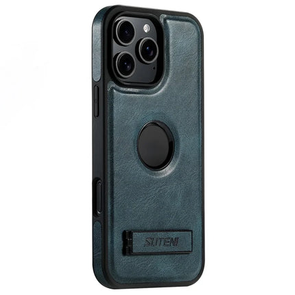 SUTENI G2 For iPhone 16 Pro Magnetic Case Leather Phone Back Cover Waxy Texture Kickstand - Blue