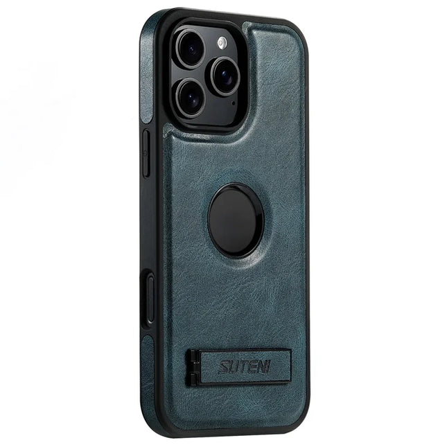 SUTENI G2 For iPhone 16 Pro Magnetic Case Leather Phone Back Cover Waxy Texture Kickstand - Blue
