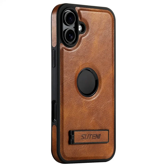SUTENI G2 For iPhone 16 Plus Magnetic Case Leather Phone Back Cover Waxy Texture Kickstand - Brown