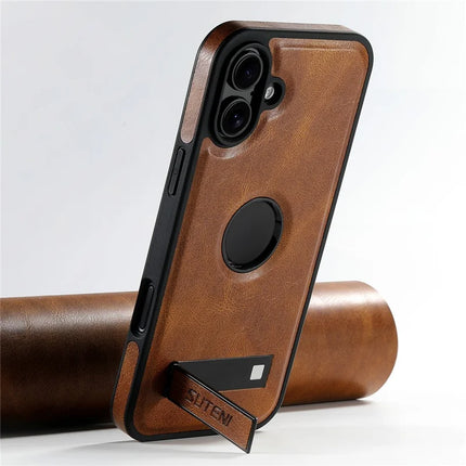 SUTENI G2 For iPhone 16 Plus Magnetic Case Leather Phone Back Cover Waxy Texture Kickstand
