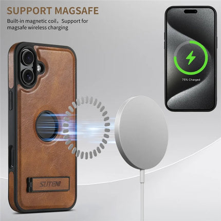 SUTENI G2 For iPhone 16 Plus Magnetic Case Leather Phone Back Cover Waxy Texture Kickstand