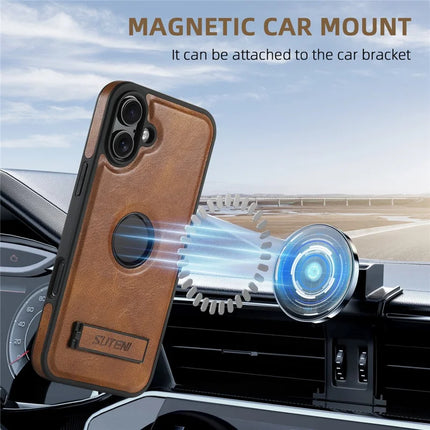 SUTENI G2 For iPhone 16 Plus Magnetic Case Leather Phone Back Cover Waxy Texture Kickstand