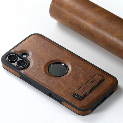 SUTENI G2 For iPhone 16 Plus Magnetic Case Leather Phone Back Cover Waxy Texture Kickstand