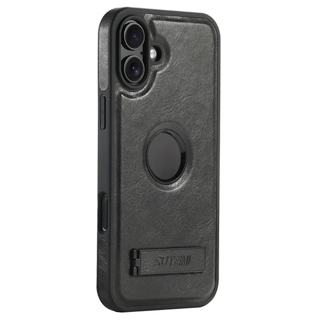 SUTENI G2 For iPhone 16 Plus Magnetic Case Leather Phone Back Cover Waxy Texture Kickstand - Black