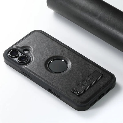 SUTENI G2 For iPhone 16 Plus Magnetic Case Leather Phone Back Cover Waxy Texture Kickstand