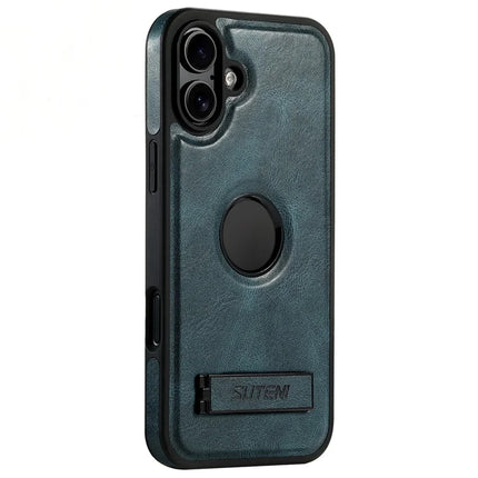 SUTENI G2 For iPhone 16 Plus Magnetic Case Leather Phone Back Cover Waxy Texture Kickstand - Blue