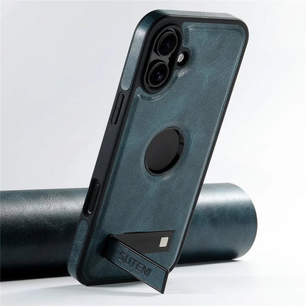 SUTENI G2 For iPhone 16 Plus Magnetic Case Leather Phone Back Cover Waxy Texture Kickstand
