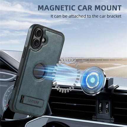 SUTENI G2 For iPhone 16 Plus Magnetic Case Leather Phone Back Cover Waxy Texture Kickstand