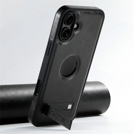 SUTENI G2 For iPhone 16 Magnetic Case Leather Phone Back Cover Waxy Texture Kickstand