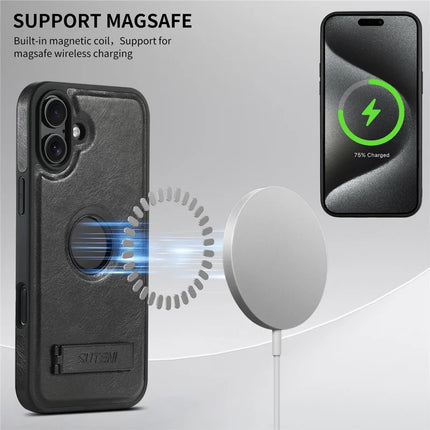 SUTENI G2 For iPhone 16 Magnetic Case Leather Phone Back Cover Waxy Texture Kickstand