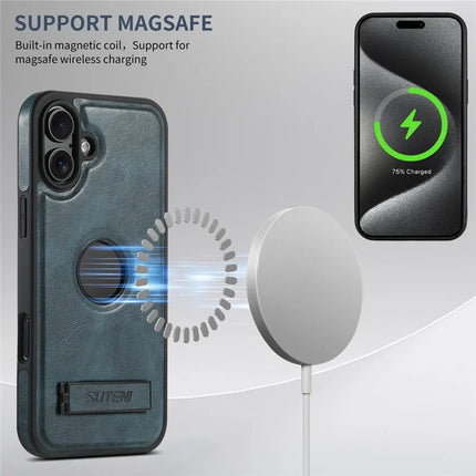 SUTENI G2 For iPhone 16 Magnetic Case Leather Phone Back Cover Waxy Texture Kickstand