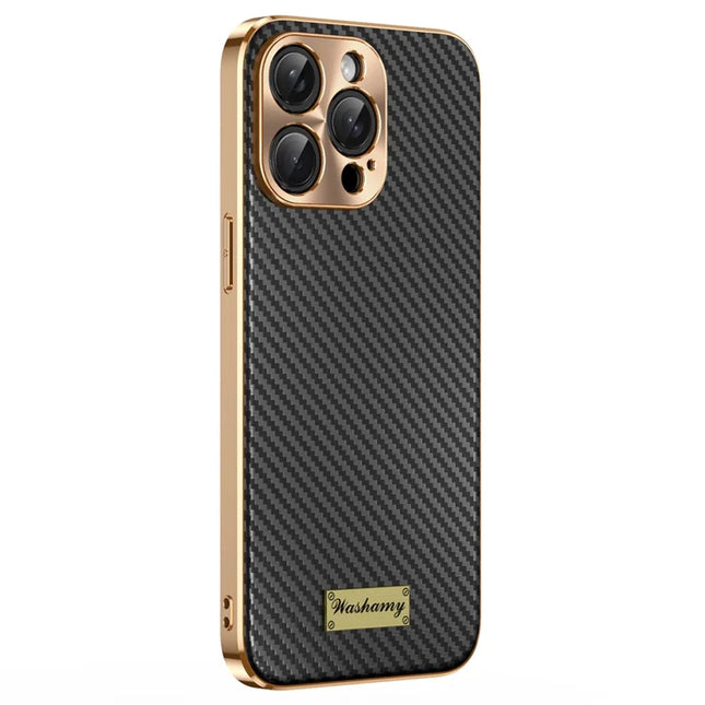 For iPhone 15 Pro Max Case Carbon Fiber Texture Electroplating Cowhide Leather+TPU Phone Cover - Black