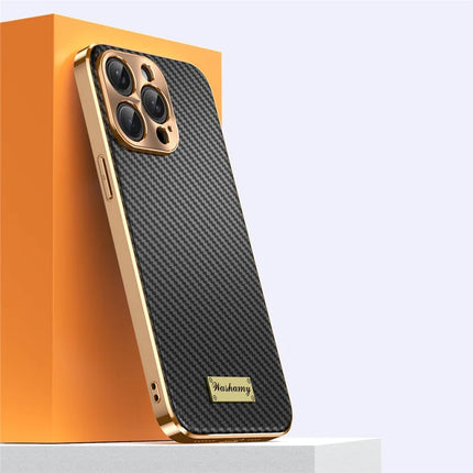 For iPhone 15 Pro Max Case Carbon Fiber Texture Electroplating Cowhide Leather+TPU Phone Cover