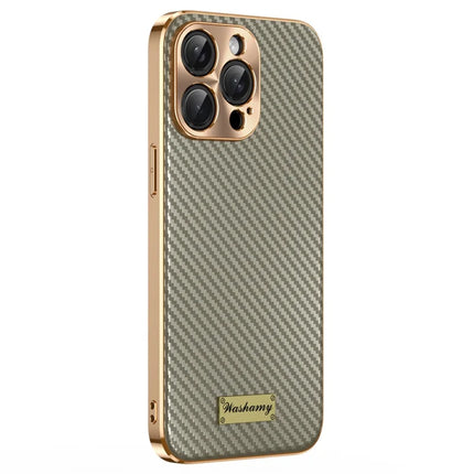 For iPhone 15 Pro Max Case Carbon Fiber Texture Electroplating Cowhide Leather+TPU Phone Cover - Grey