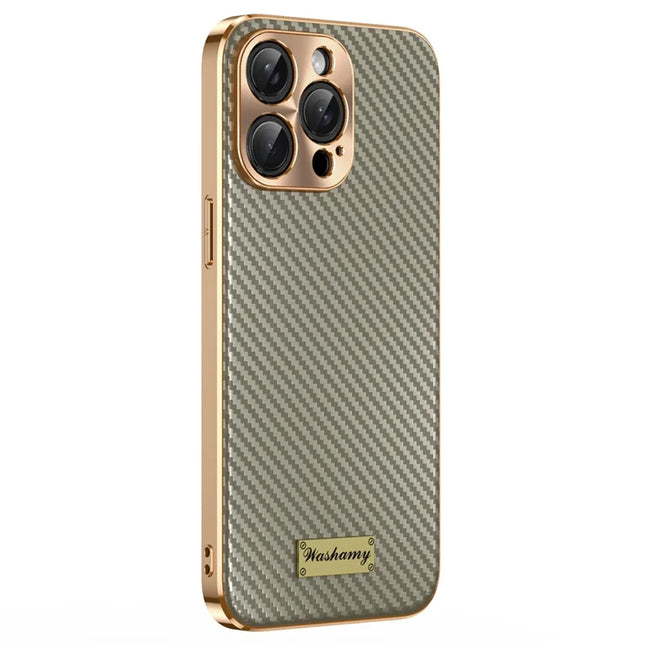 For iPhone 15 Pro Max Case Carbon Fiber Texture Electroplating Cowhide Leather+TPU Phone Cover - Grey