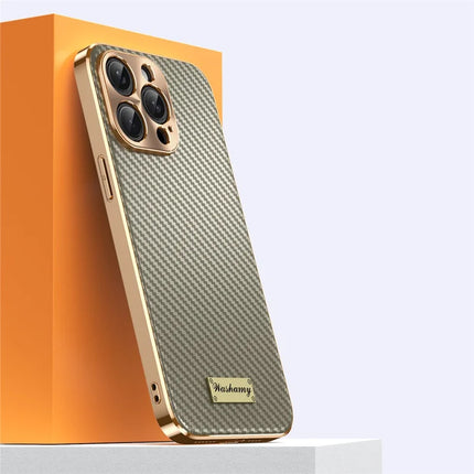 For iPhone 15 Pro Max Case Carbon Fiber Texture Electroplating Cowhide Leather+TPU Phone Cover