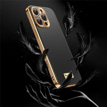 For iPhone 15 Pro Max Case Carbon Fiber Texture Electroplating Cowhide Leather+TPU Phone Cover
