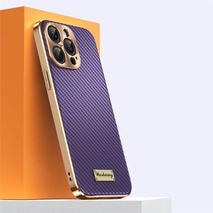 For iPhone 15 Pro Max Case Carbon Fiber Texture Electroplating Cowhide Leather+TPU Phone Cover