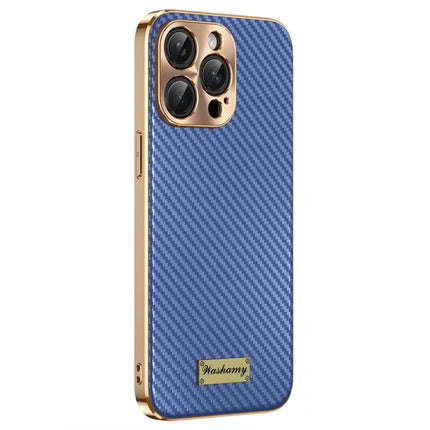For iPhone 15 Pro Max Case Carbon Fiber Texture Electroplating Cowhide Leather+TPU Phone Cover - Blue