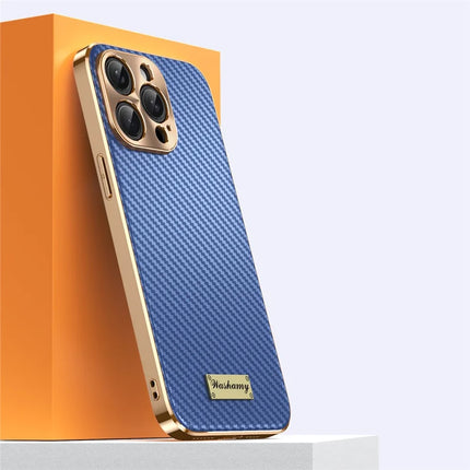 For iPhone 15 Pro Max Case Carbon Fiber Texture Electroplating Cowhide Leather+TPU Phone Cover