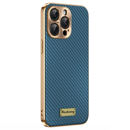 For iPhone 15 Pro Max Case Carbon Fiber Texture Electroplating Cowhide Leather+TPU Phone Cover - Green
