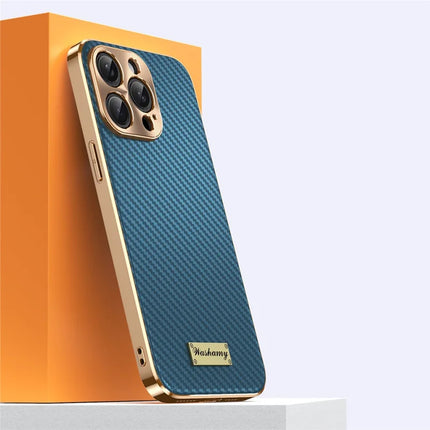For iPhone 15 Pro Max Case Carbon Fiber Texture Electroplating Cowhide Leather+TPU Phone Cover