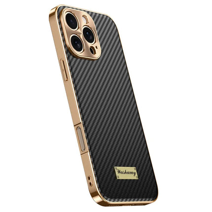 For iPhone 16 Pro Max Case Carbon Fiber Texture Electroplating Cowhide Leather+TPU Phone Cover - Black