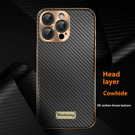 For iPhone 16 Pro Max Case Carbon Fiber Texture Electroplating Cowhide Leather+TPU Phone Cover