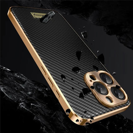 For iPhone 16 Pro Max Case Carbon Fiber Texture Electroplating Cowhide Leather+TPU Phone Cover