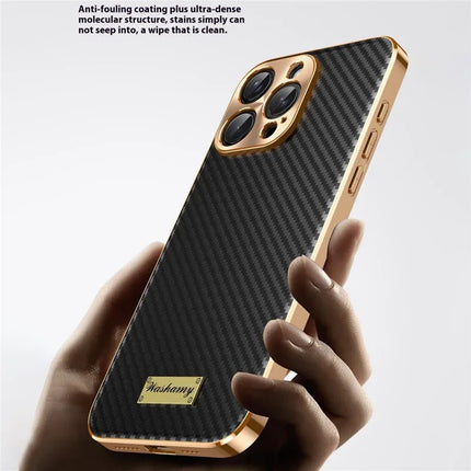 For iPhone 16 Pro Max Case Carbon Fiber Texture Electroplating Cowhide Leather+TPU Phone Cover
