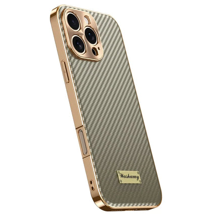 For iPhone 16 Pro Max Case Carbon Fiber Texture Electroplating Cowhide Leather+TPU Phone Cover - Grey