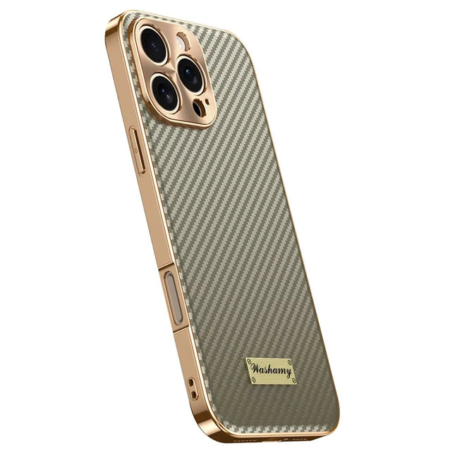For iPhone 16 Pro Max Case Carbon Fiber Texture Electroplating Cowhide Leather+TPU Phone Cover - Grey