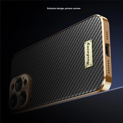 For iPhone 16 Pro Max Case Carbon Fiber Texture Electroplating Cowhide Leather+TPU Phone Cover
