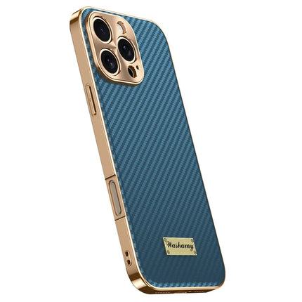 For iPhone 16 Pro Max Case Carbon Fiber Texture Electroplating Cowhide Leather+TPU Phone Cover - Green