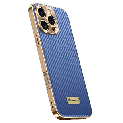 For iPhone 16 Pro Max Case Carbon Fiber Texture Electroplating Cowhide Leather+TPU Phone Cover - Blue