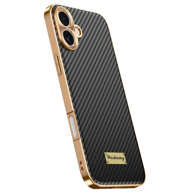For iPhone 16 Case Carbon Fiber Texture Electroplating Cowhide Leather+TPU Phone Cover - Black