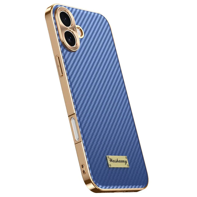 For iPhone 16 Case Carbon Fiber Texture Electroplating Cowhide Leather+TPU Phone Cover - Blue