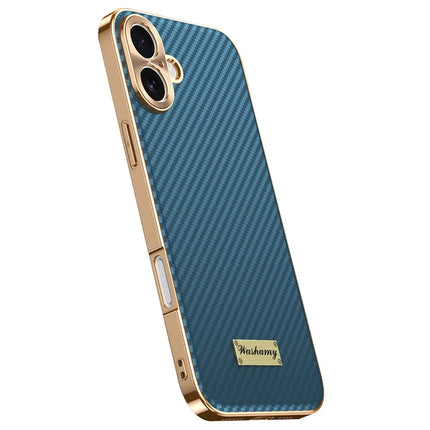 For iPhone 16 Case Carbon Fiber Texture Electroplating Cowhide Leather+TPU Phone Cover - Green