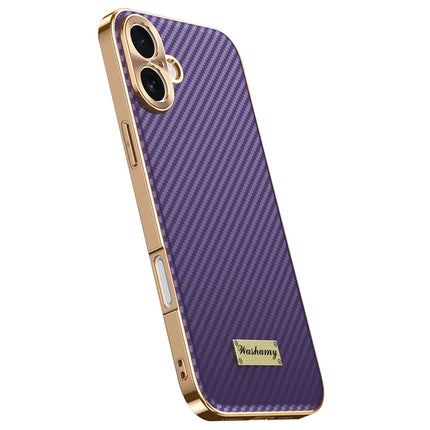 For iPhone 16 Case Carbon Fiber Texture Electroplating Cowhide Leather+TPU Phone Cover - Purple